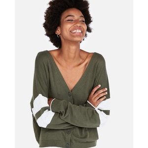 Express Varsity Stripe Green Slouchy V-Neck Sweater Cardigan